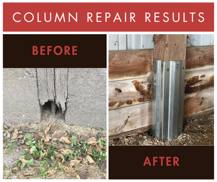 rotting wood pole column and repaired pole column